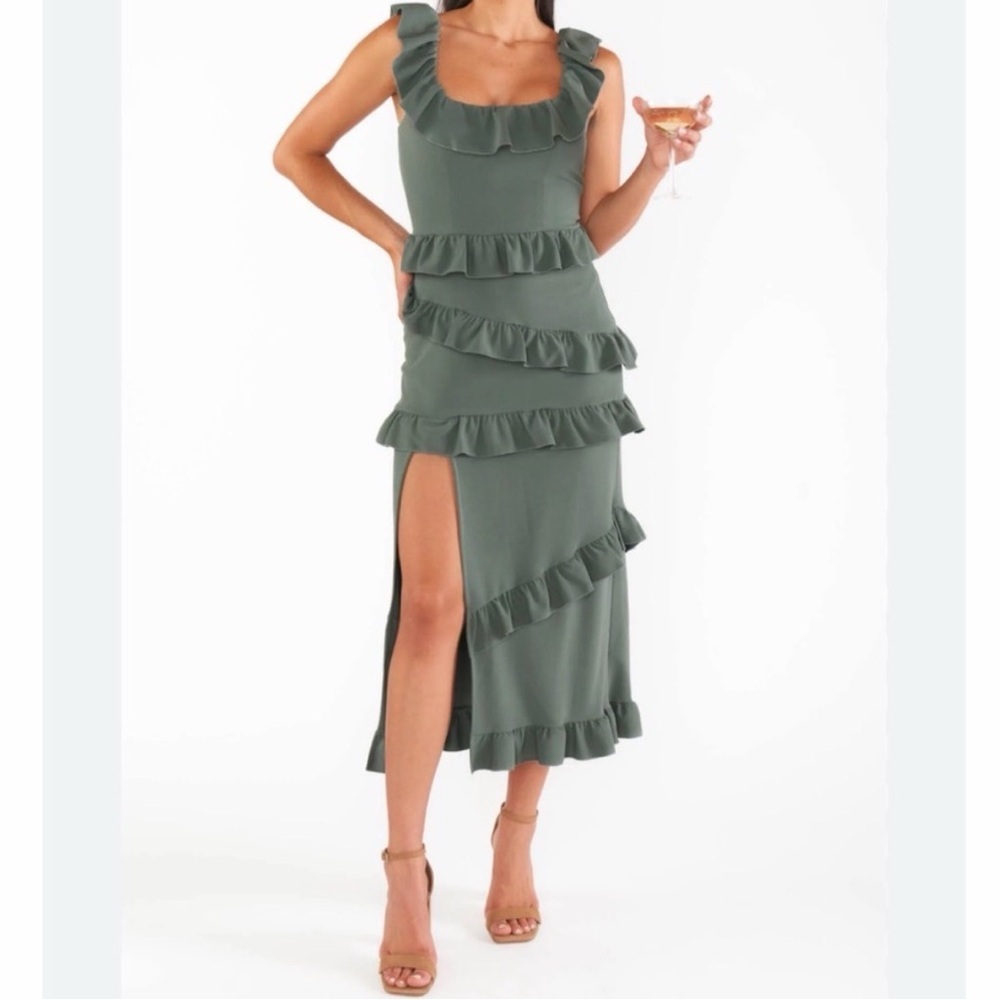 Show Me Your Mumu Greta Midi Dress Silver Sage Stretch Crepe Size XXL
